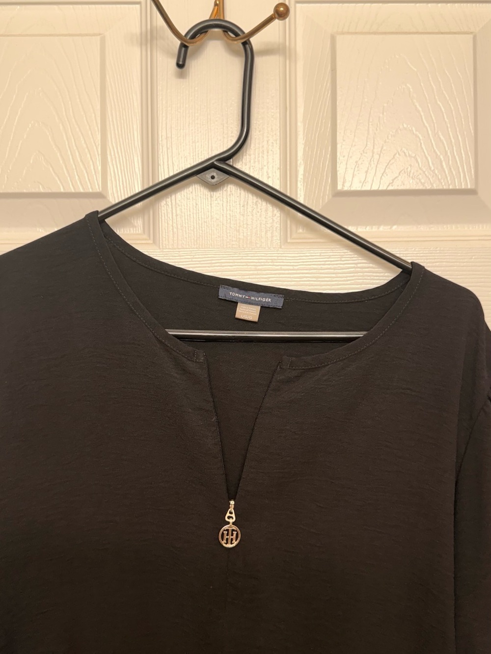 Tommy Hilfiger Black Women's Split-Neck Top with Gold Logo Charm